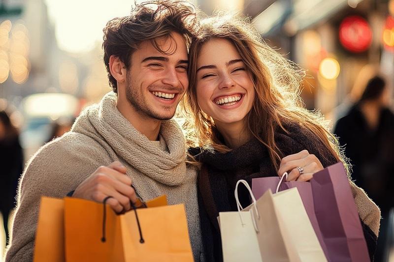 Young couple smiling while shopping with colorful bags